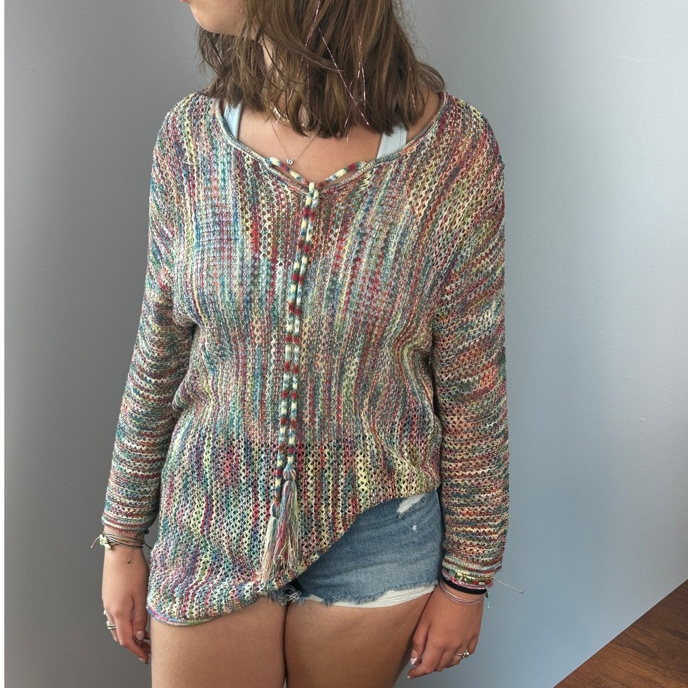 Crochet Knit Top Swim Cover up Dress Multi Color Open Weave Tassel S/M